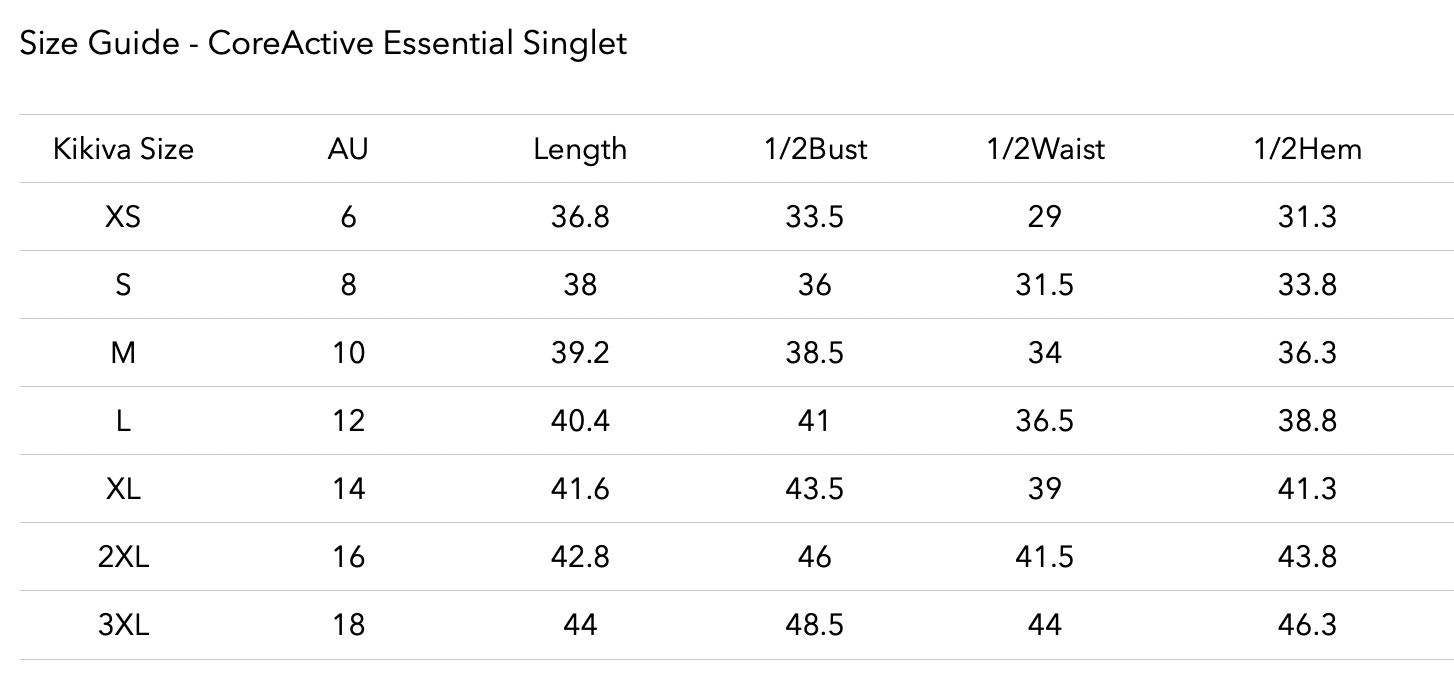 Size chart for CoreActive 'Essential' Singlet -  Chocolate