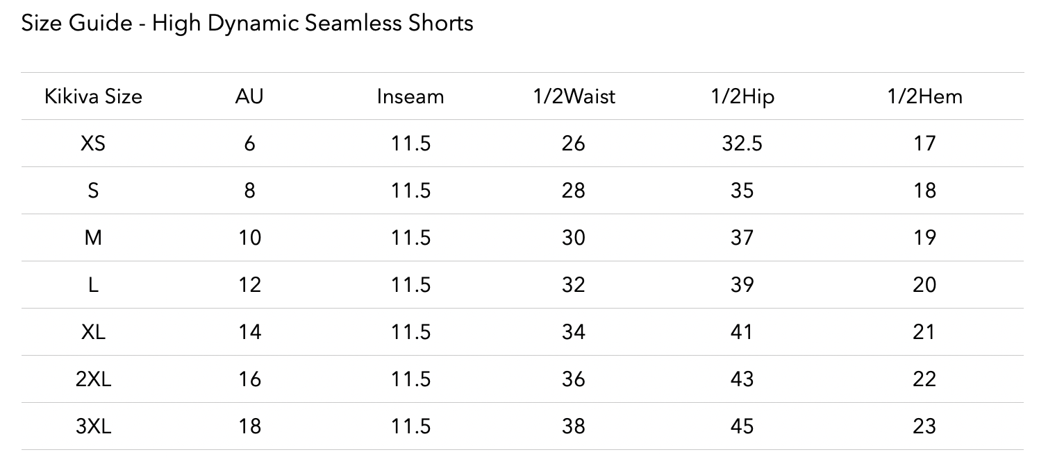 Size chart for HIGH Dynamic Seamless Short - Scarlett Ruby-Red