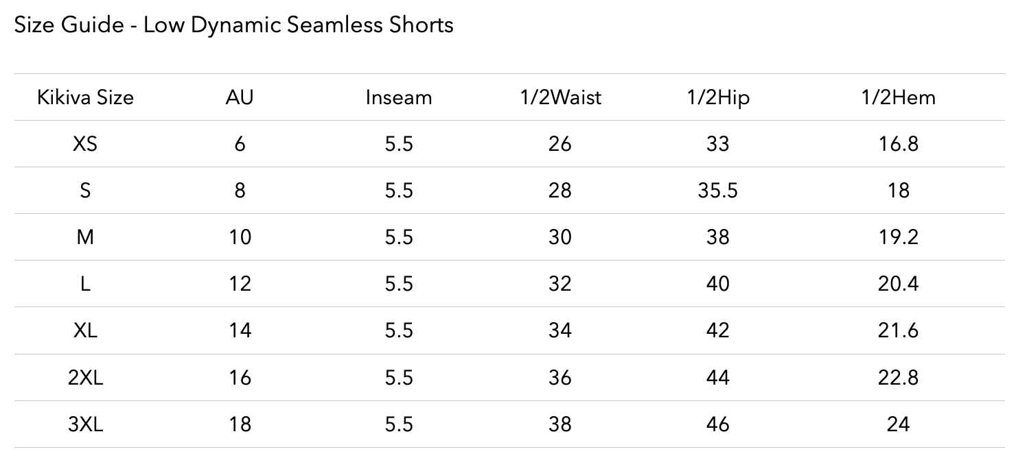 Size chart for LOW Dynamic Seamless Short - Ice Blue