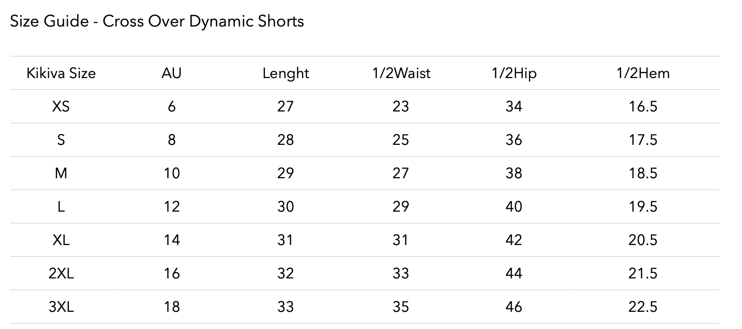 Size chart for Cross Over Short - Ash Grey
