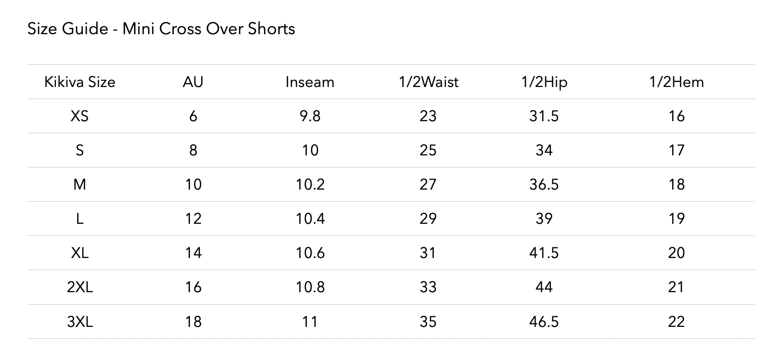 Size chart for Mini Cross Over Short -  Raspberry