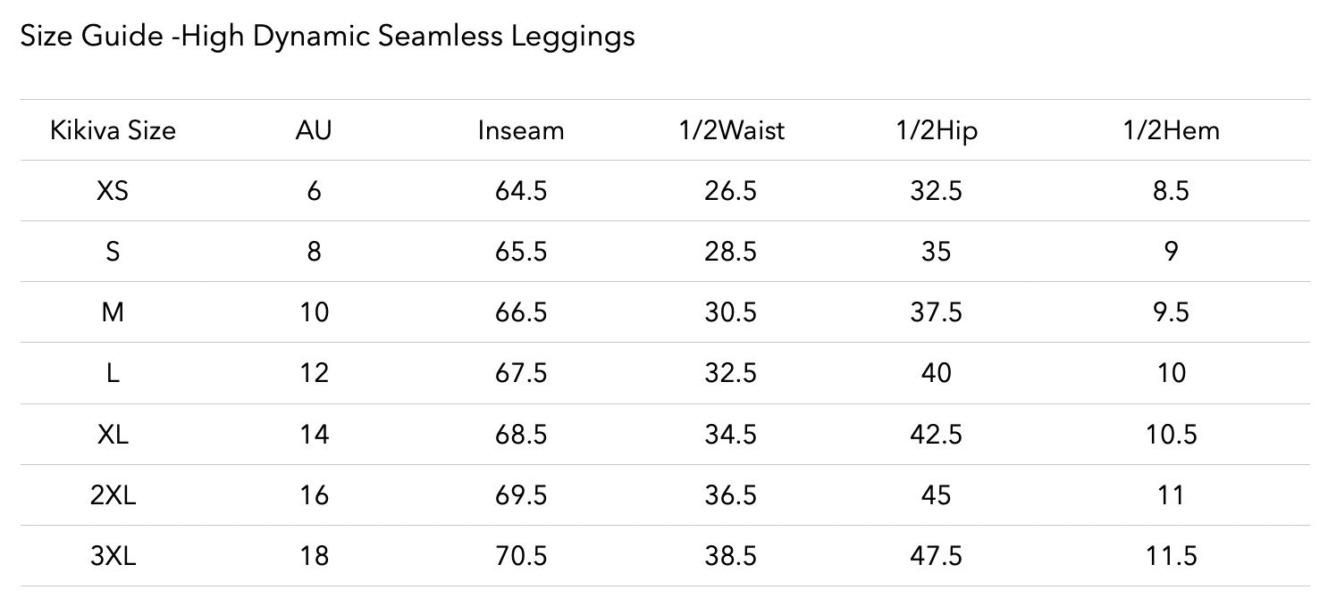Size chart for HIGH Dynamic Seamless Leggings - Dark Blue
