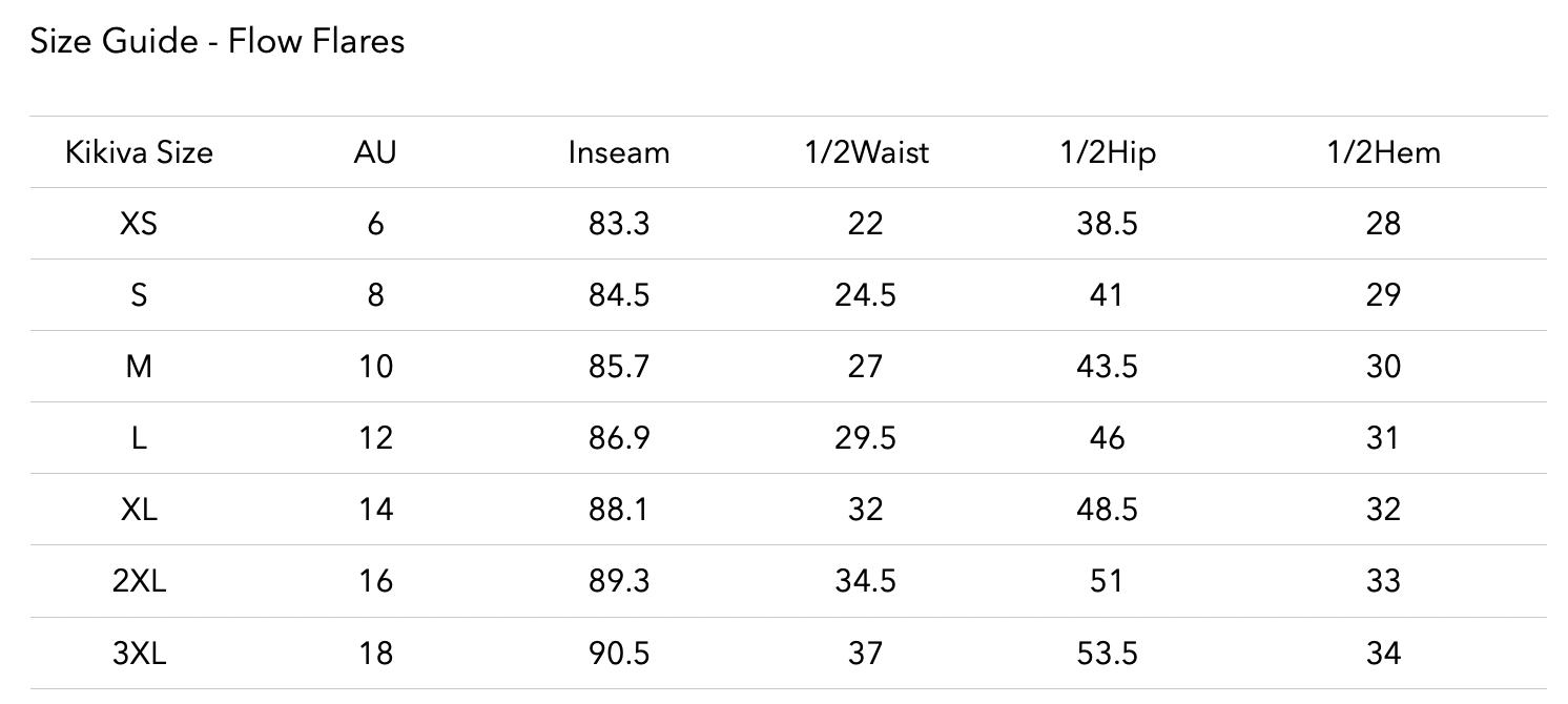 Size chart for 'Flow' Flares - Cream