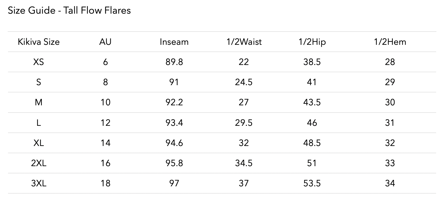Size chart for TALL 'Flow' Flares - Black
