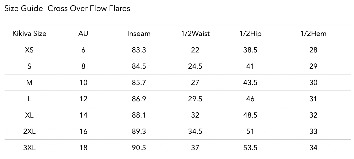 Size chart for Cross Over 'Flow' Flares - Black