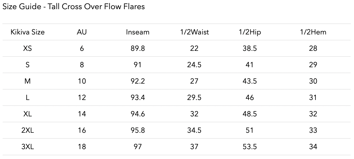 Size chart for TALL Cross Over 'Flow' Flares - Cream
