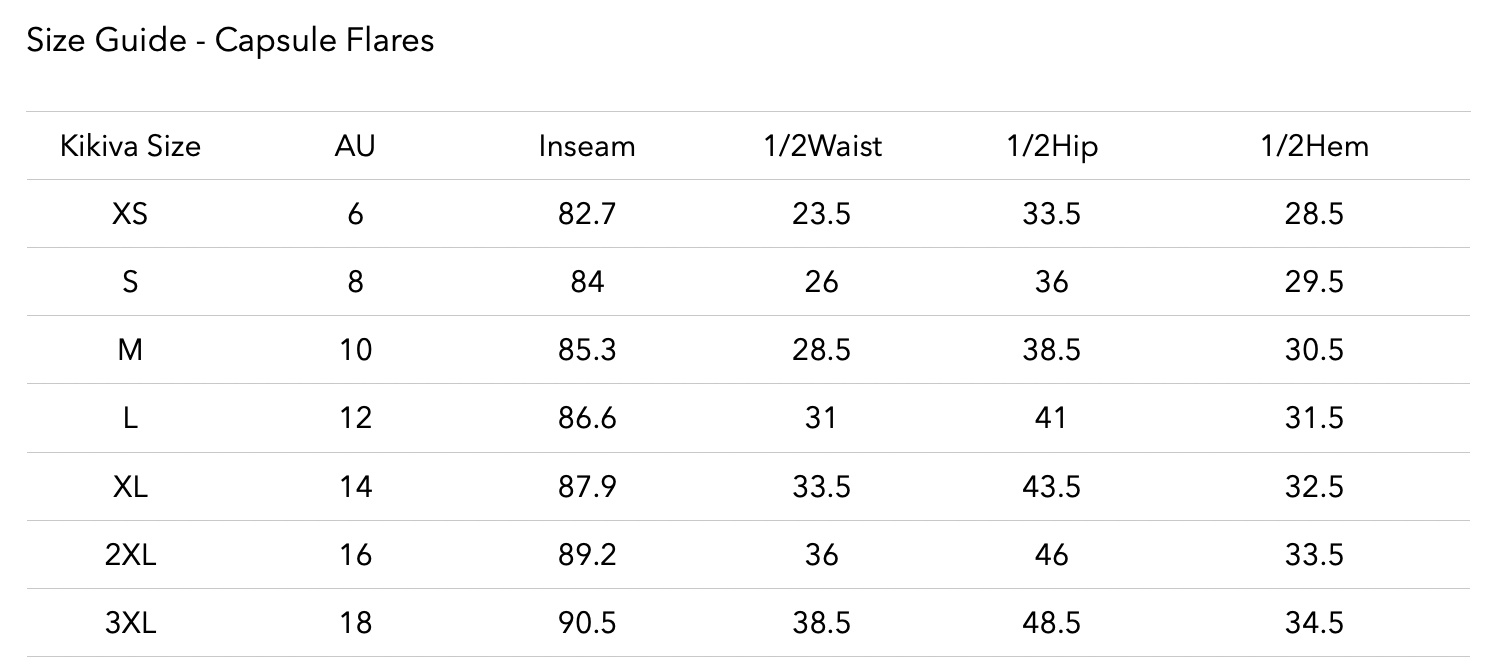 Size chart for Capsule Flares - Light Grey