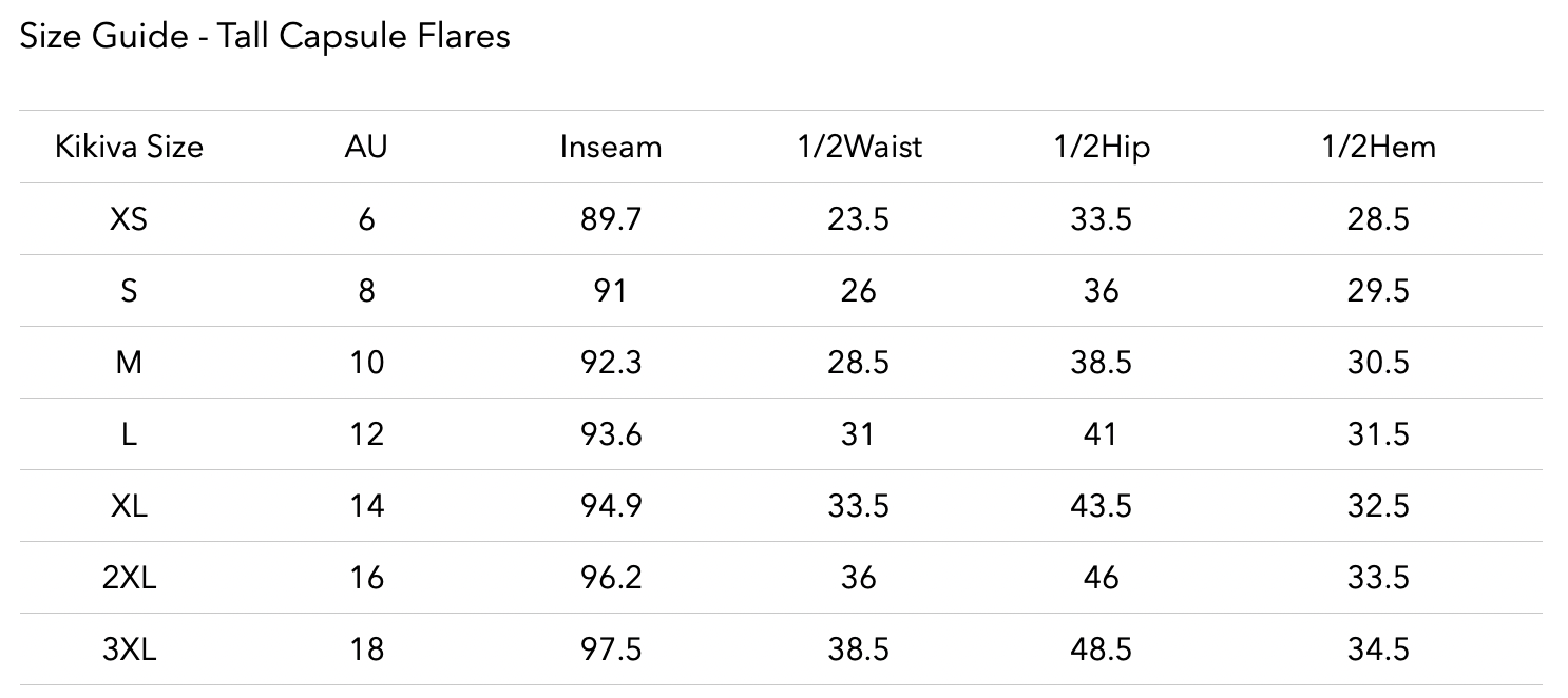 Size chart for TALL Capsule Flares -  Black