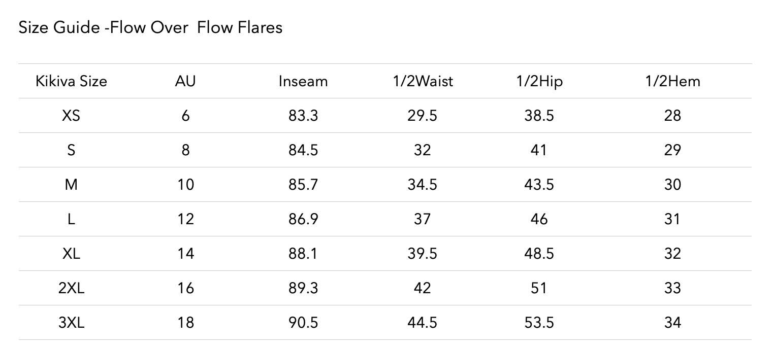 Size chart for Fold Over 'Flow' Flares - Black