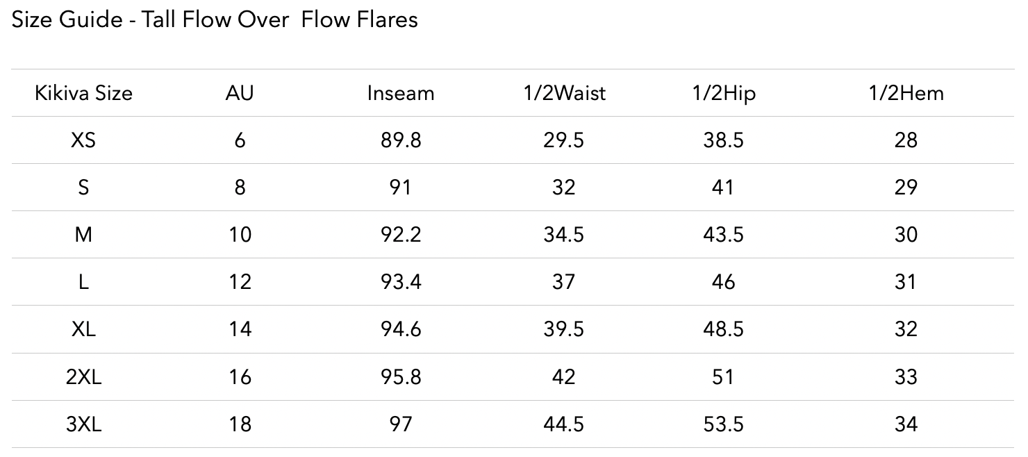 Size chart for TALL Fold Over 'Flow' Flares - Dark Choc
