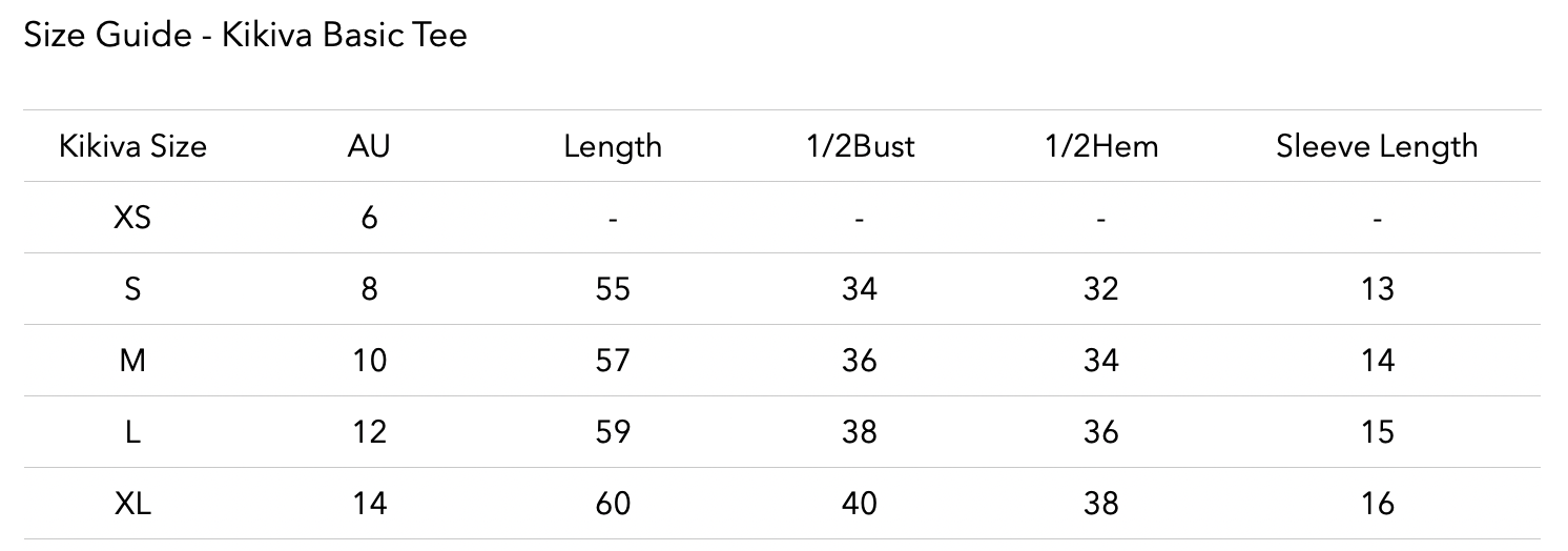 Size chart for Kikiva Basic Tee Long Sleeve -  Dark Grey
