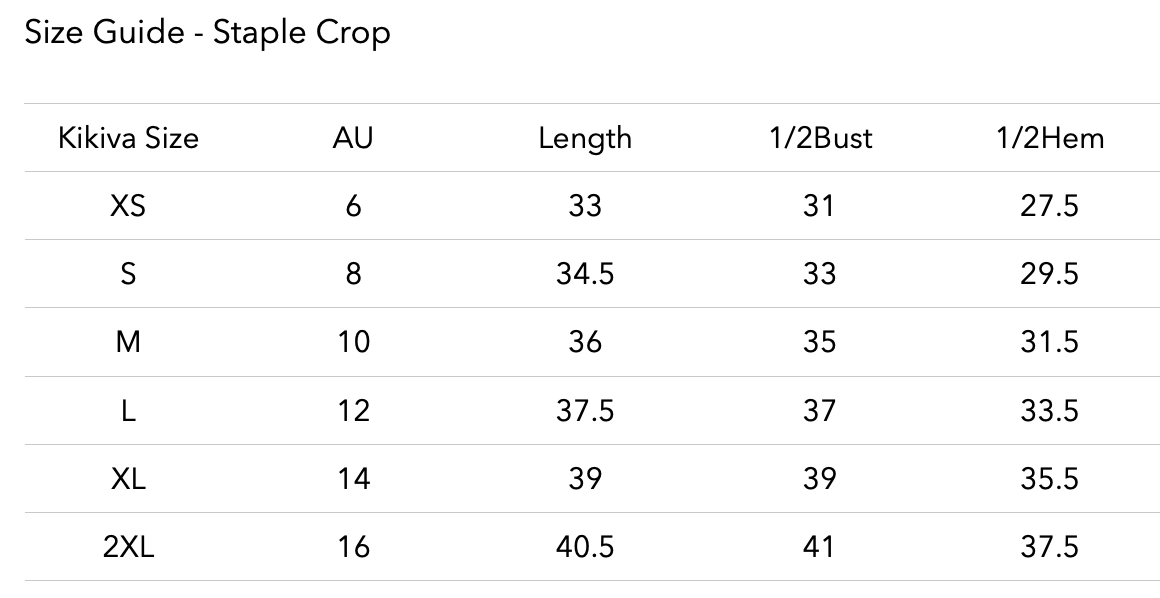 Size chart for Dynamic Staple Halter Crop - Baby Lilac