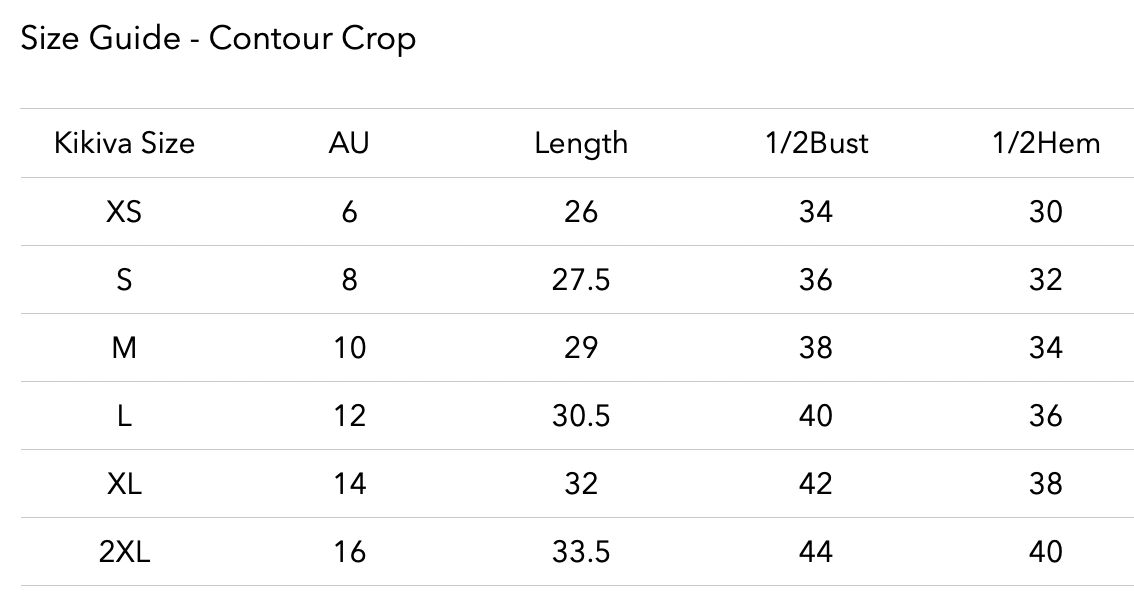 Size chart for Dynamic Contour Crop - Baby Doll