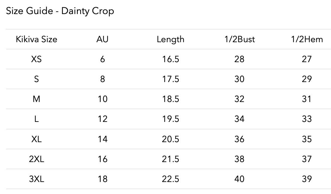 Size chart for Dainty Crop - Ocean Blue