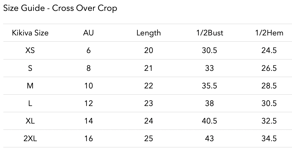 Size chart for Cross Over Crop  - Wine