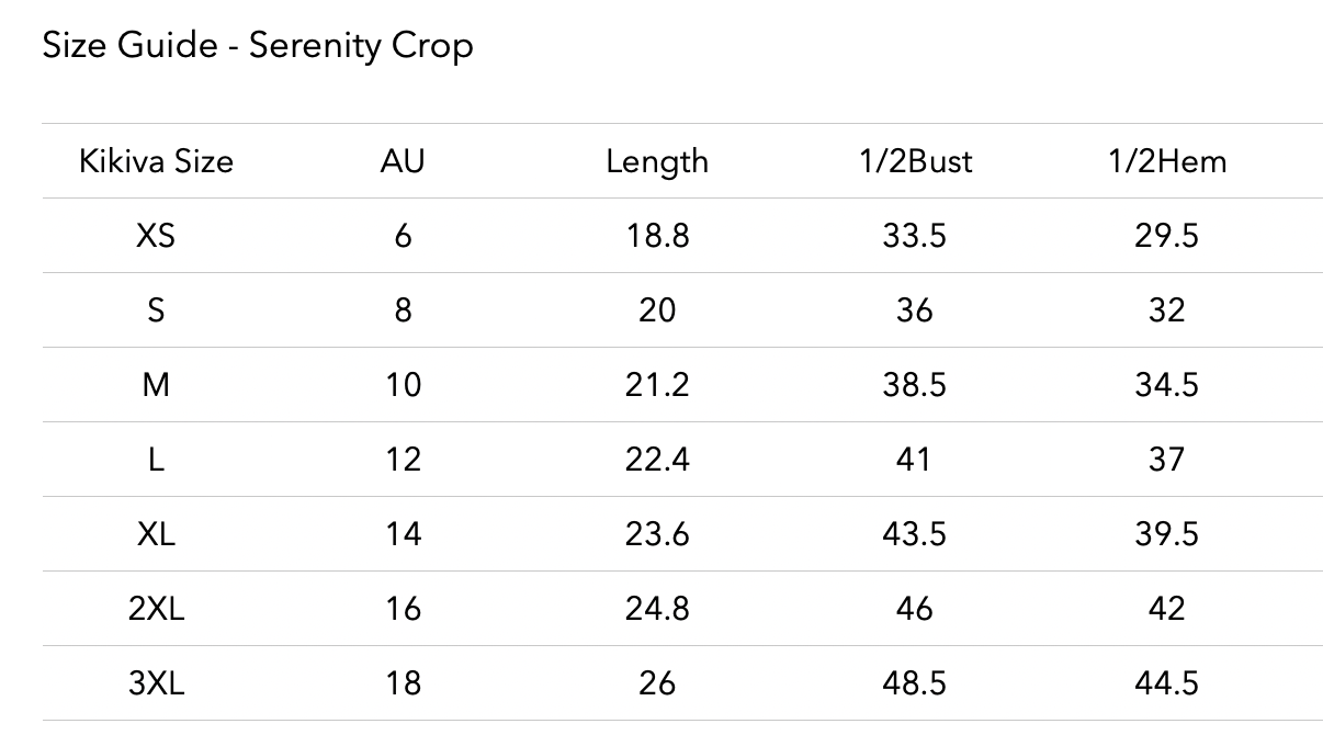 Size chart for 'Serenity' Crop - Cream