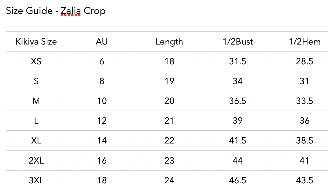 Size chart for 'Zalia' Crop - Dark Navy