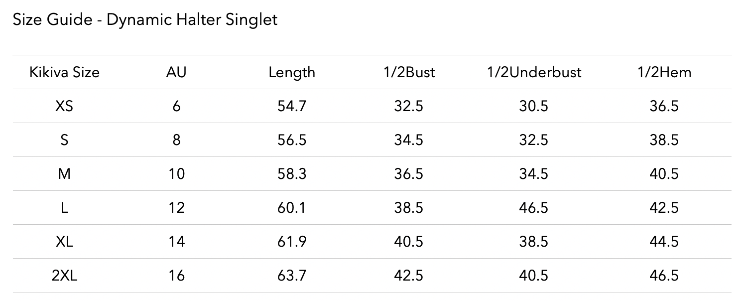 Size chart for Dynamic Halter Seamless Singlet - Baby Doll