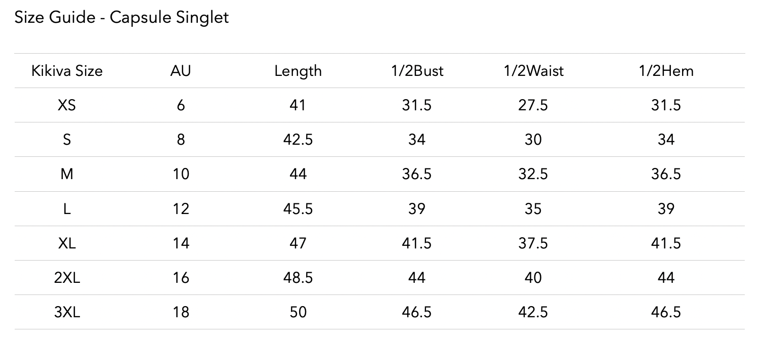 Size chart for Capsule Singlet - Burgundy