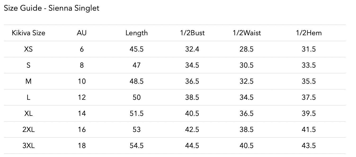 Size chart for Sienna Singlet - Navy