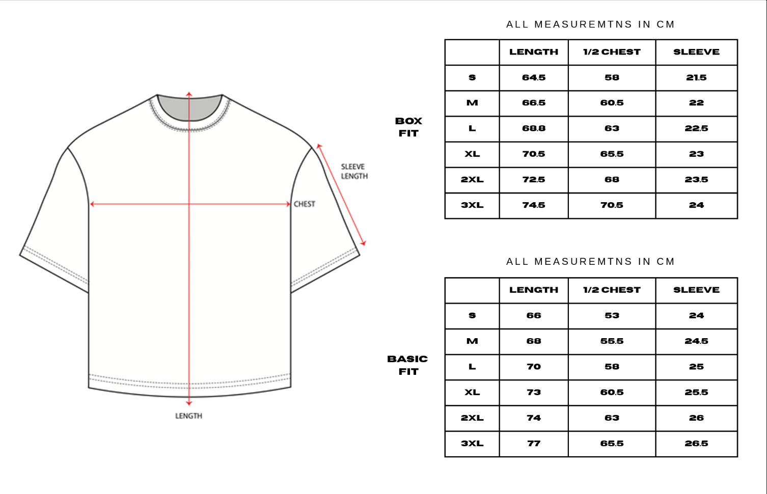 Size chart for Kikiva Mens 'Basic Fit' Tee - Black