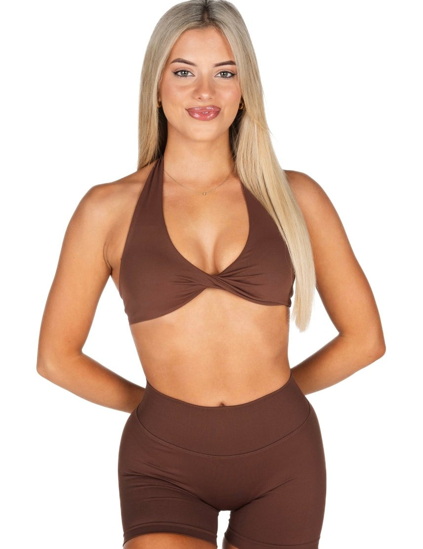 Dynamic Halter Twist Crop - Mocha Brown - Kikiva Collection