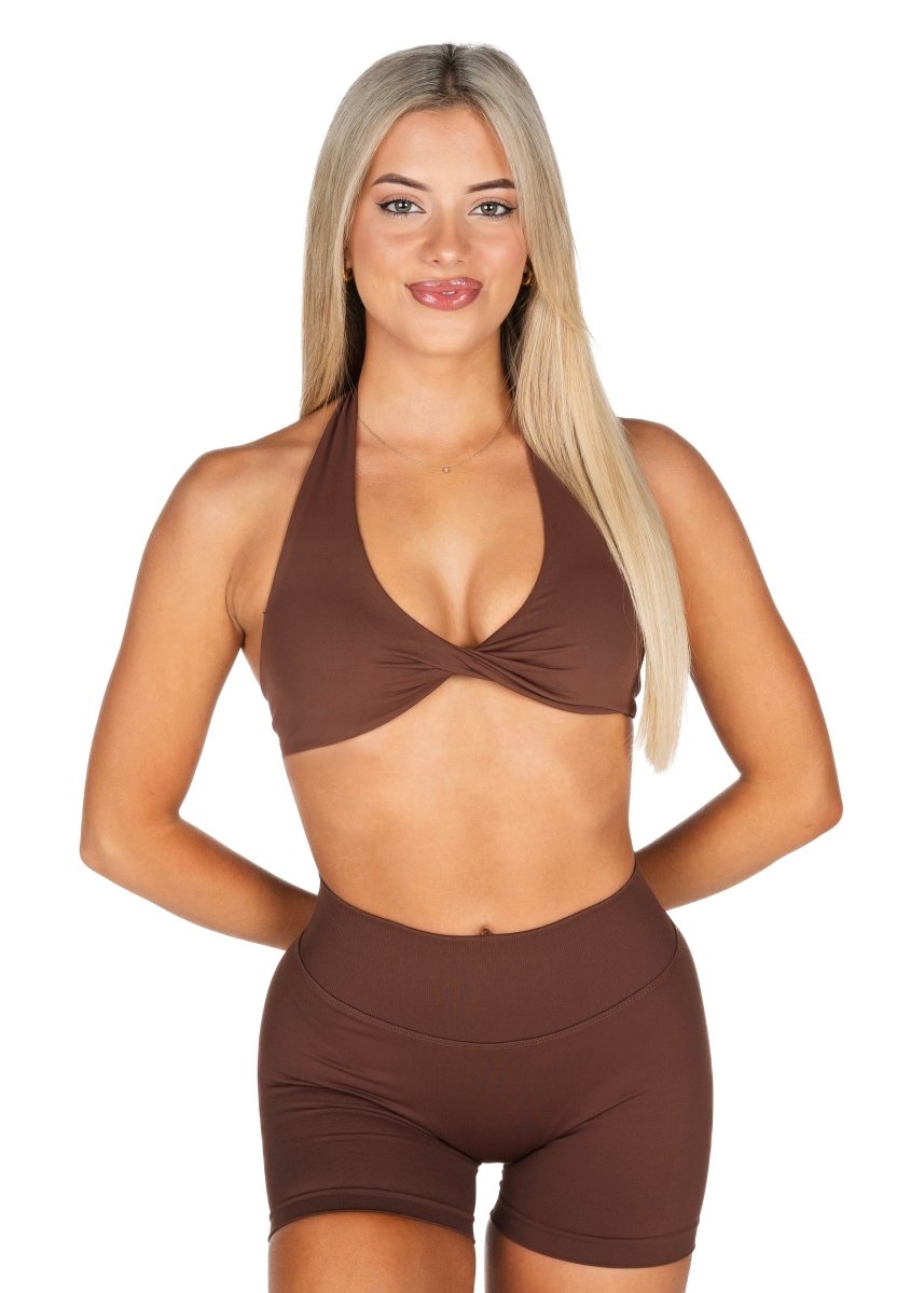 Dynamic Halter Twist Crop - Mocha Brown - Kikiva Collection