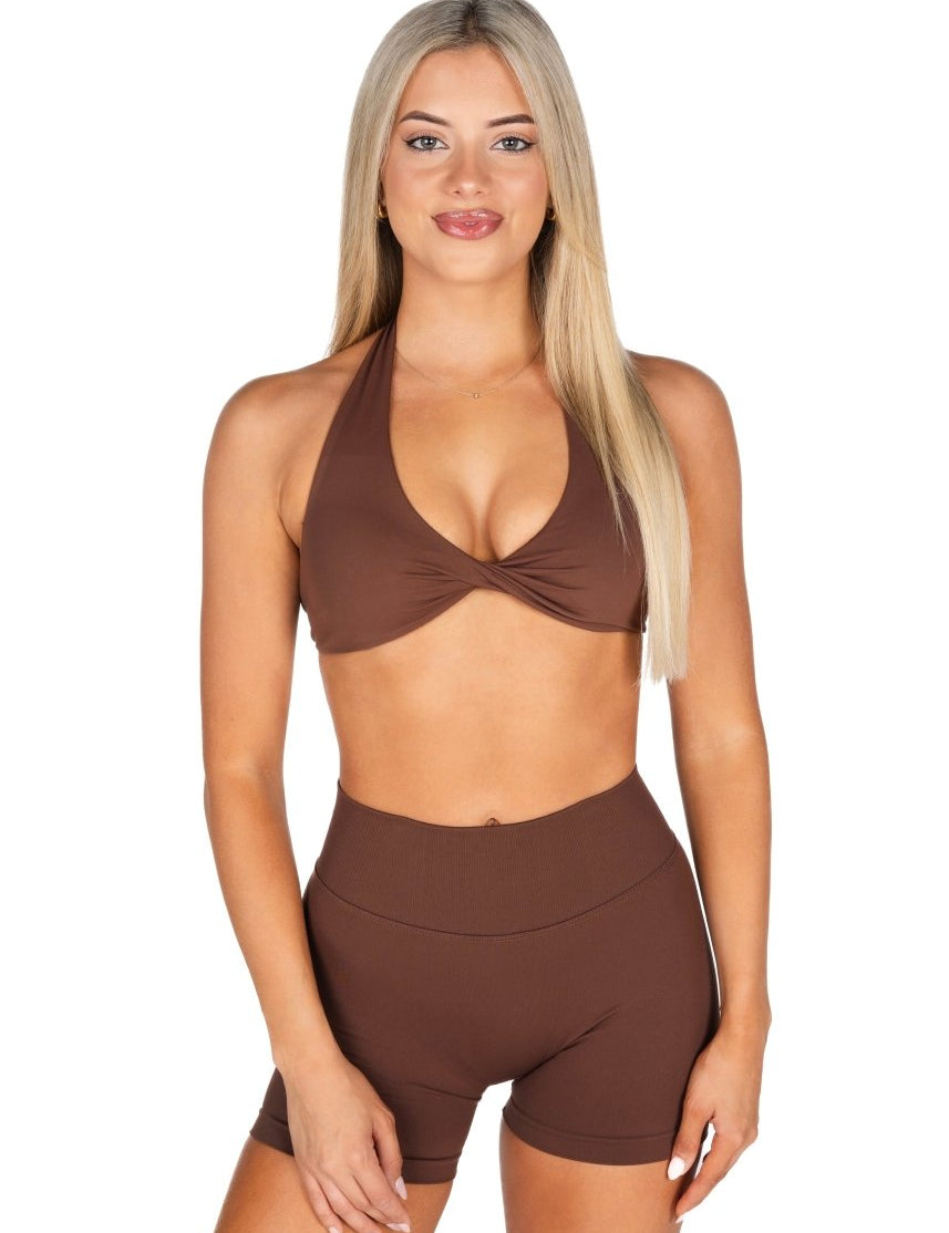 Dynamic Halter Twist Crop - Mocha Brown - Kikiva Collection